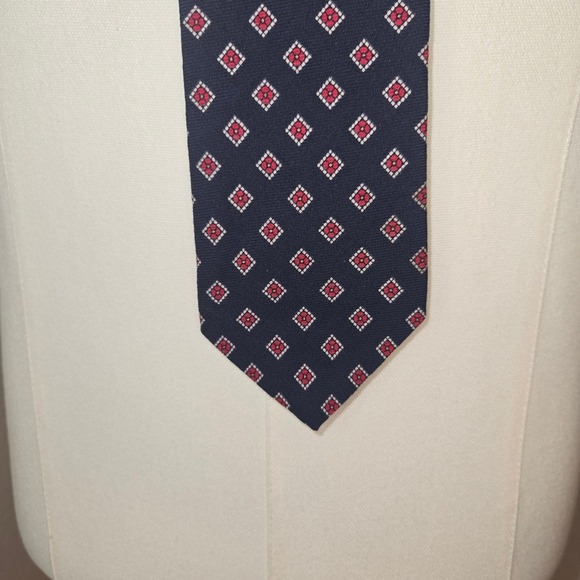 Liberty of London Wool Challis Silk Blend Tie Made in USA Navy Blue Red Diamond - Picture 5 of 8